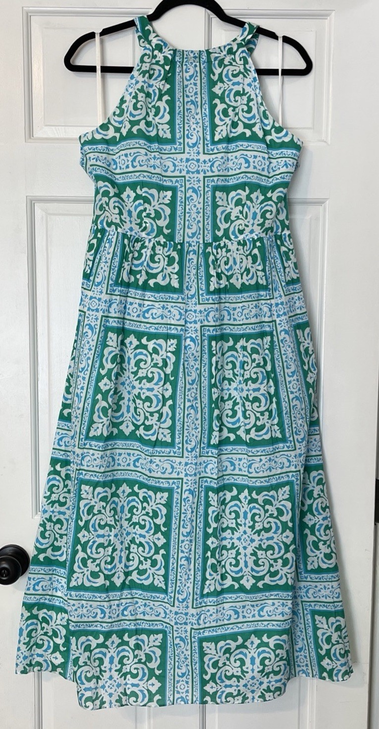 Talbots Maxi Dress 10P Green Blue Halter Medallion Fit Flare Preppy Resort Beach