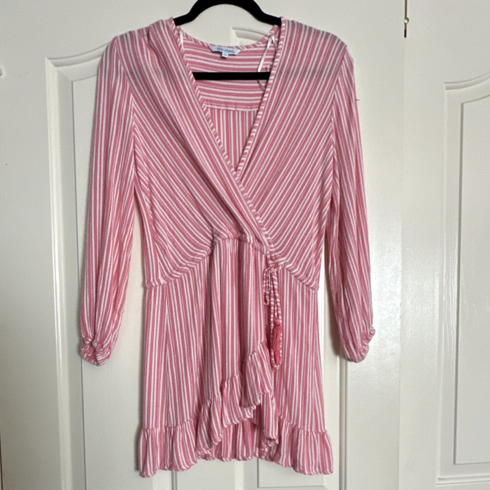 Blue Island Pink/White Striped Wrap Dress Long Sleeve V-Neck Short XS Rayon