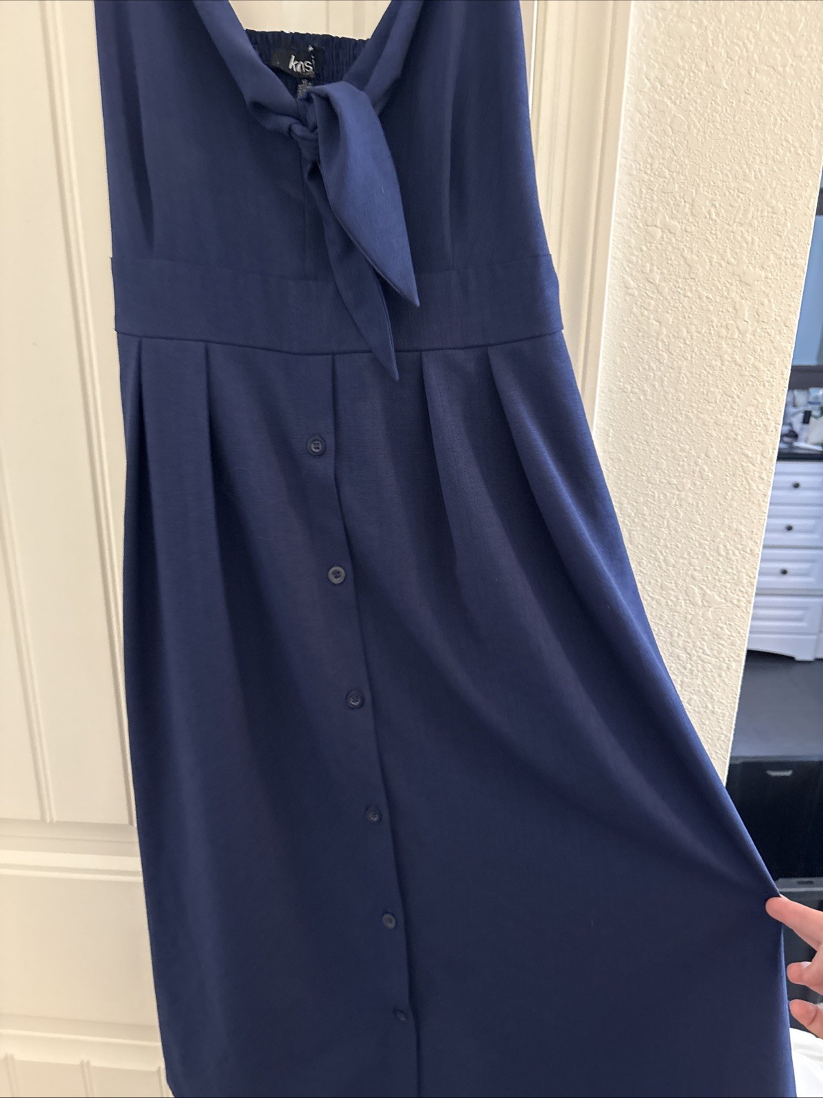 Navy Blue Bow Front Button Down Midi Dress – Sleeveless Spaghetti Strap –Size 12
