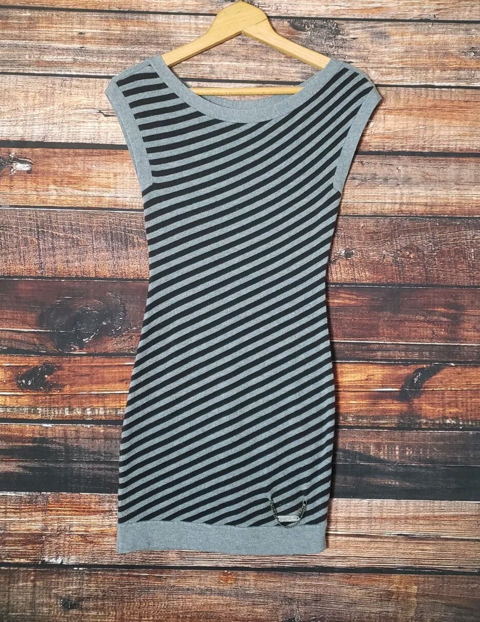 Guess Jeans Dress Small Gray Black Striped Rayon Blend Stretch Bodycon