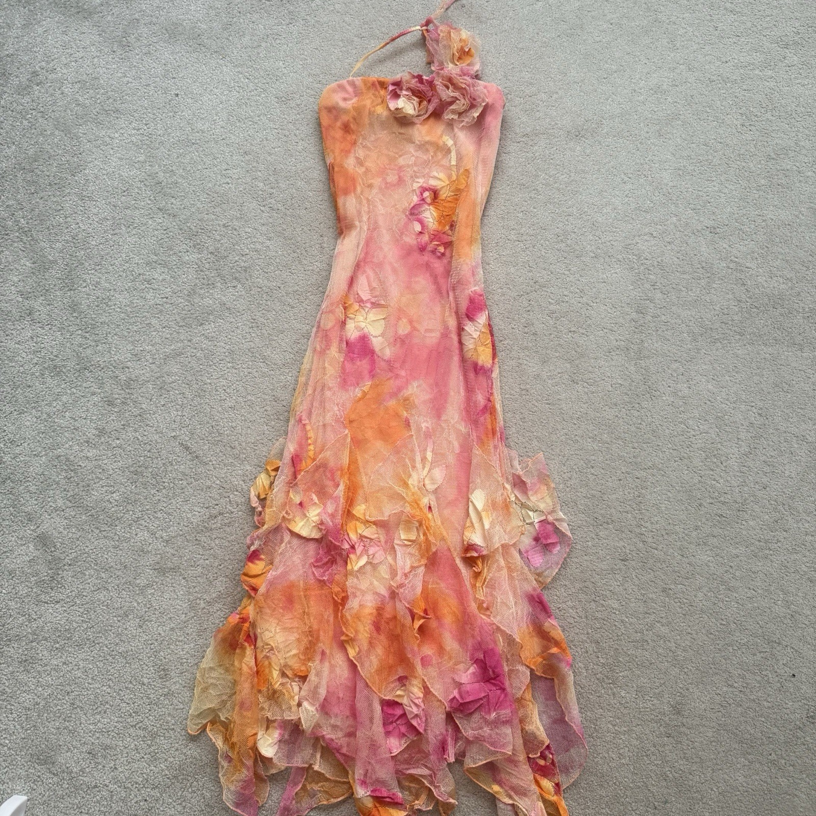 Spanish Luxury Designer Sunset Lace Halter neck 3d Appliqué Maxi Dress Side XS