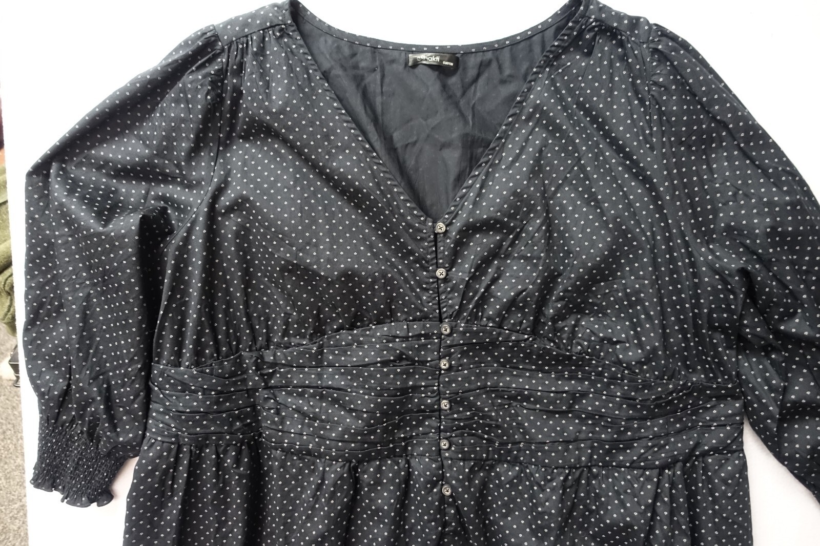 eShakti CUSTOM~MINT!!~BLACK W/WHITE PRINT COTTON RUCHED WAIST DRESS SZ:32W TALL