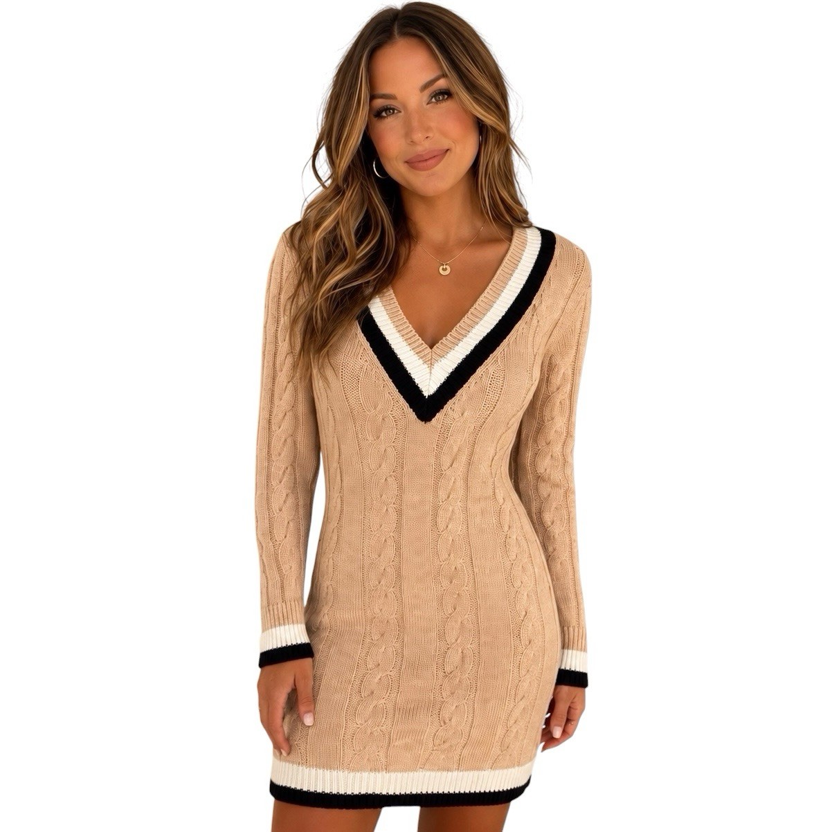 Tommy Hilfiger Chunky Cable Knit Varsity Dress M V Neck Camel Preppy Old Money
