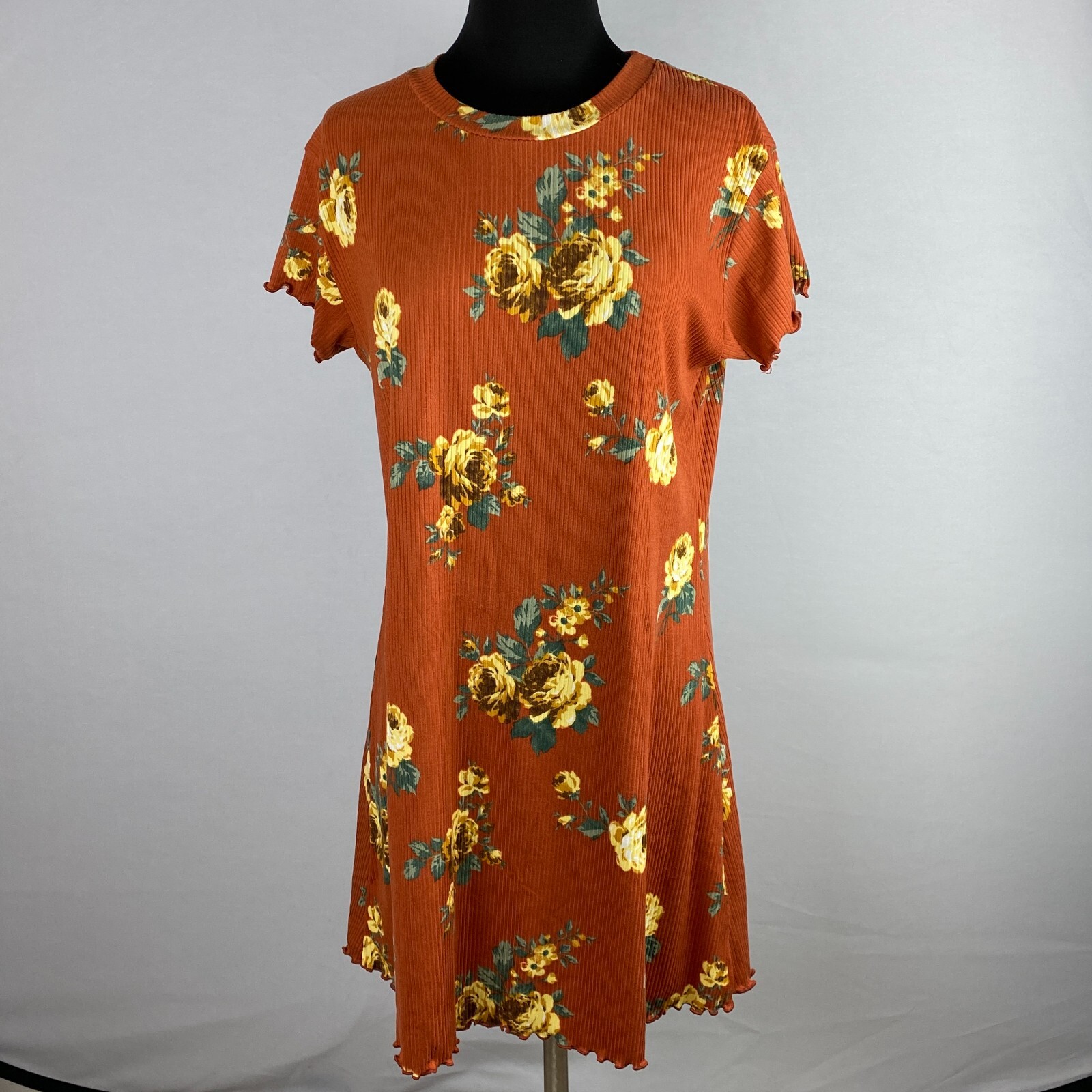 Good Luck Gem Dress Womens A-Line Ribbed Floral Print Rusty Orange Ribbed No Sz