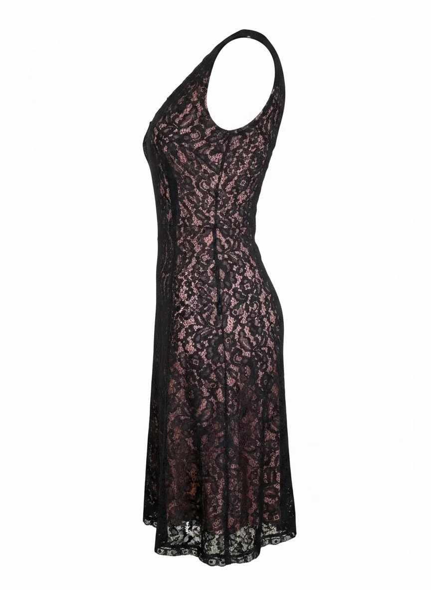 Jacques Vert Black Lace Dress Size 12 Pink Satin Lining Evening Party Cruise
