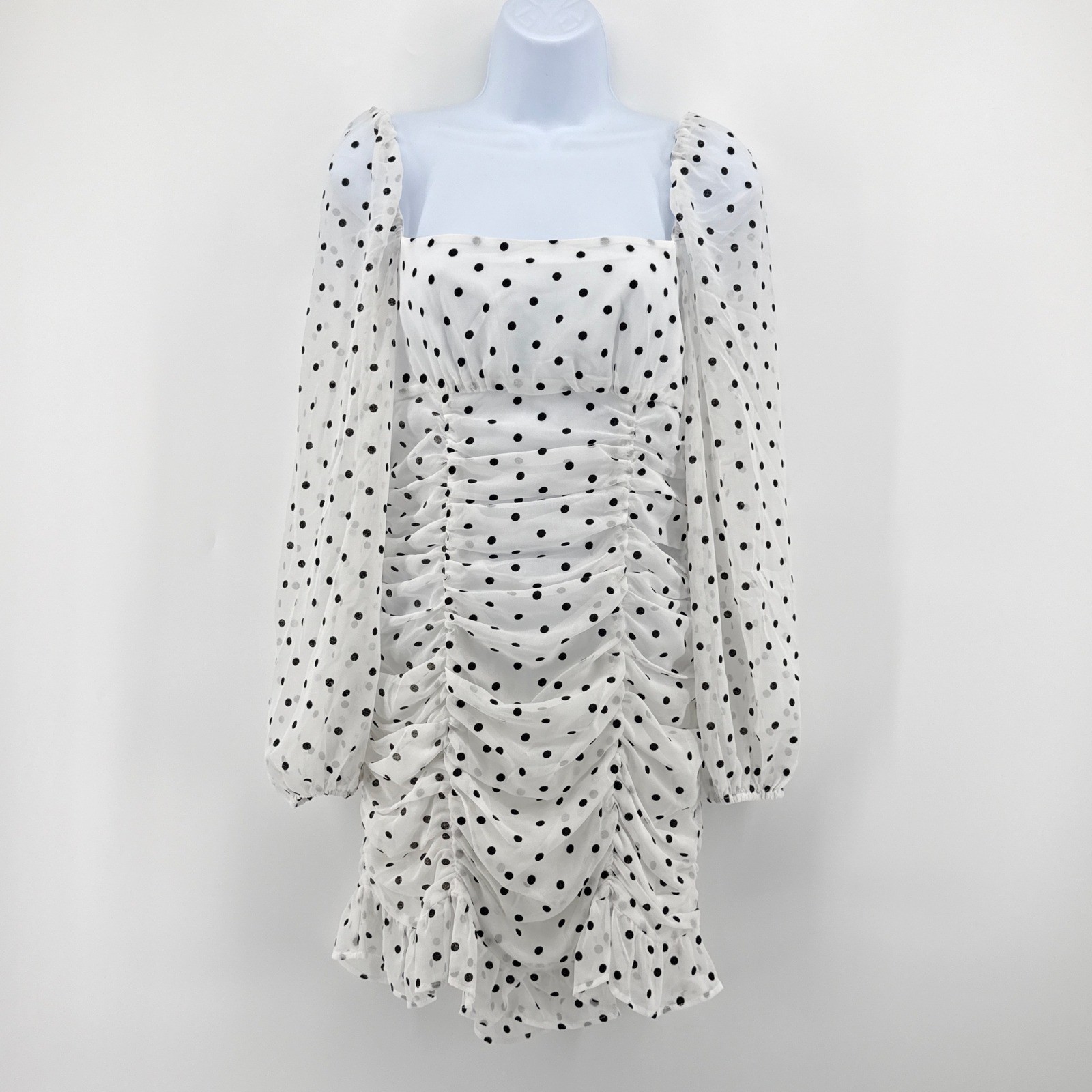 Lovers and Friends Arielle White Black Polka Dot Ruched Mini Dress EUC Small