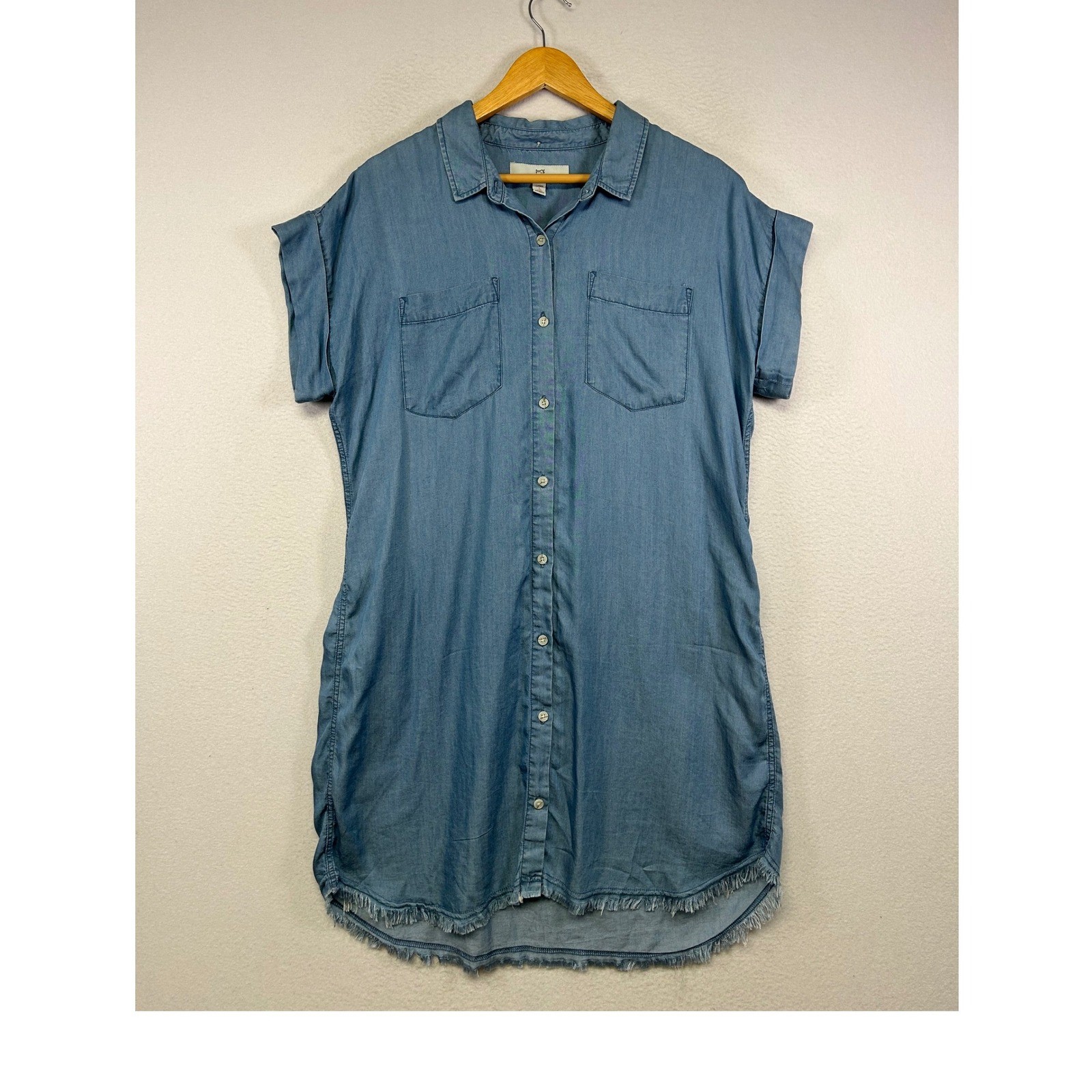 Boho Coastal Thread & Supply Womens Large Blue Lyocell Fringe Hem Shirt Dress