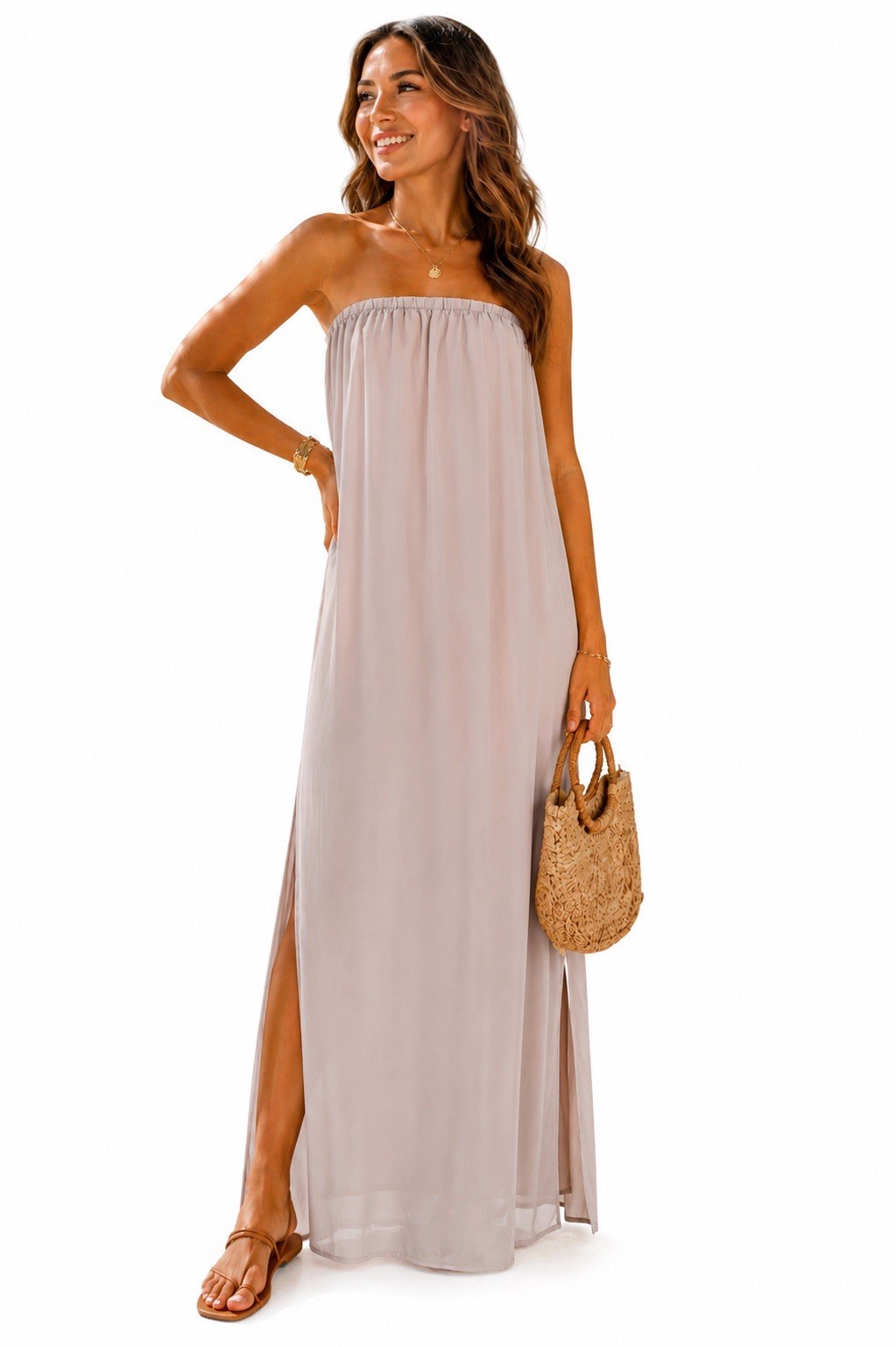 Design History Taupe Sheer Chiffon Maxi Skirt Side Slit Lined Pull On L NWT