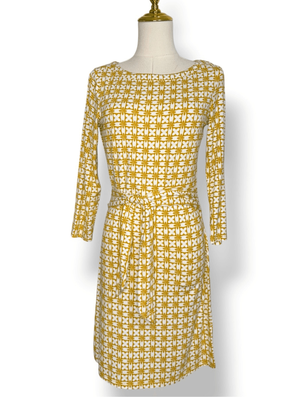 Boden Sylvia Women’s 4 Tie Jersey Knit Dress Gold White Geometric Stretch