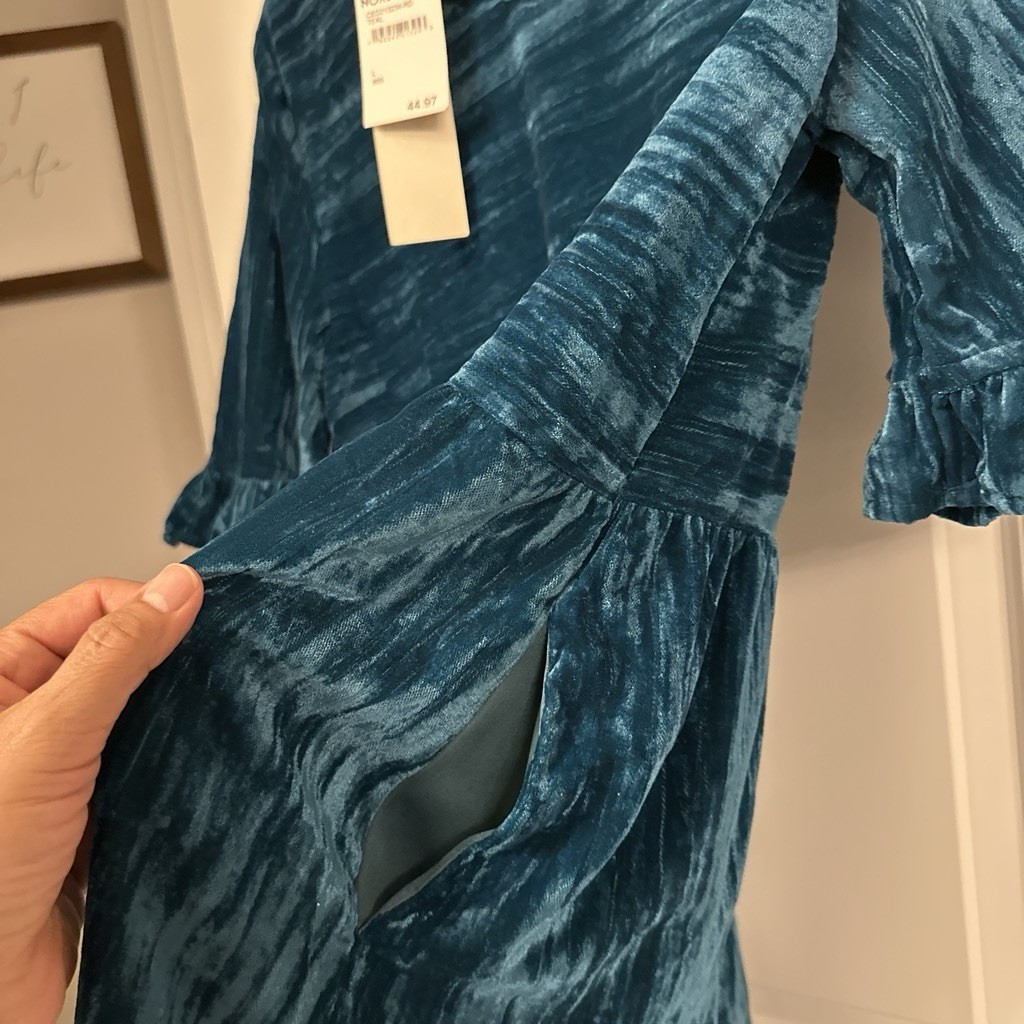 MELLODAY Teal Velvet V-Neck Ruffle Bell Sleeve Mini Dress Pockets L