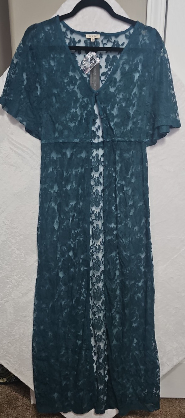 May July Kimono Womens Medium M NWT Teal Green Sheer Lace Maxi Duster Cover Up