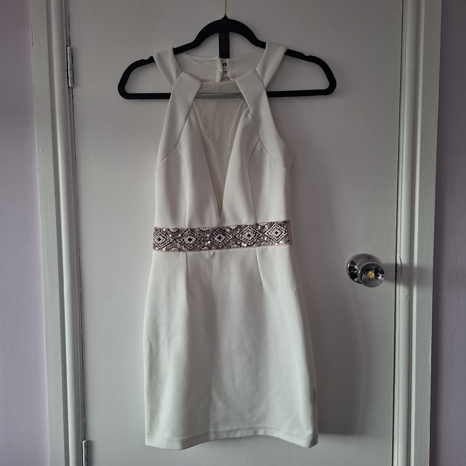 Elise Ryan UK 8 Cream Bodycon Mini Dress Embellished Waist Cut Out Party Cocktai