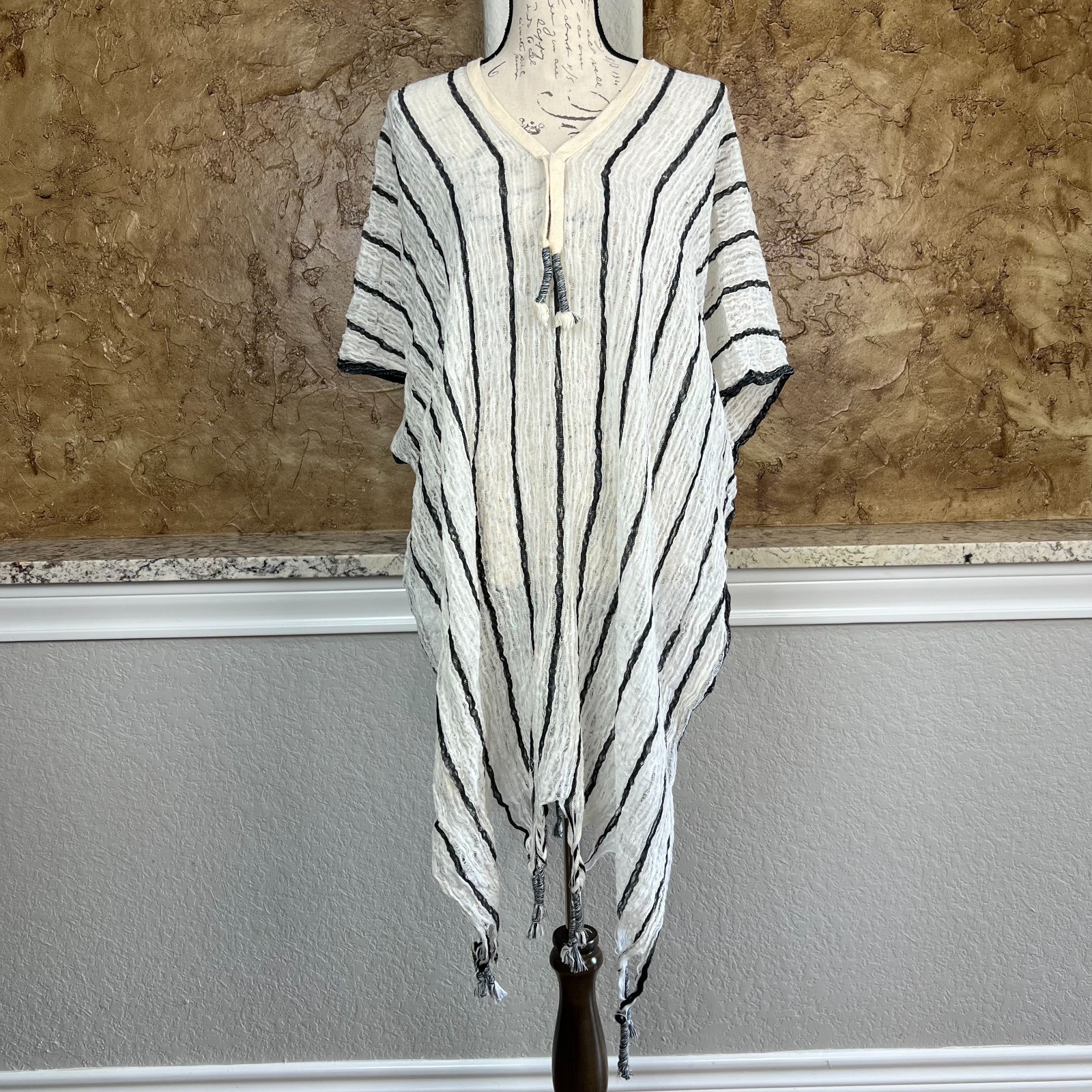 Michael Stars Linen Blend Caftan Cover Up Dress Women Tassel Striped Hippie Boho