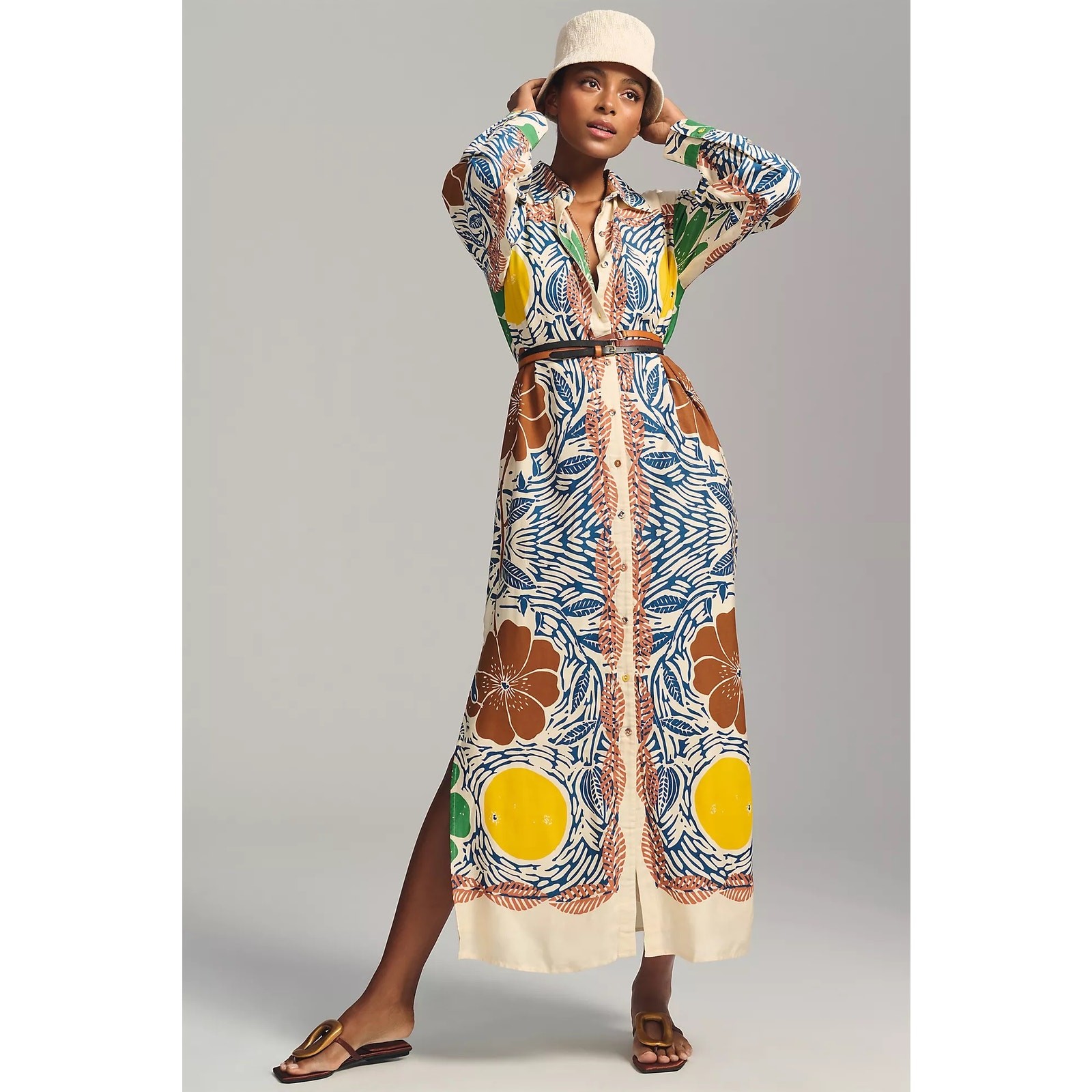 Carolina K side-slit shirt dress features artisanal botanical print XL