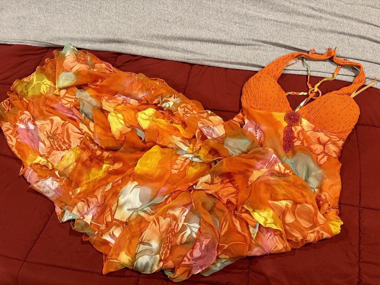 Sue Wong Silk Chiffon Orange Floral Beaded Halter Backless Long Gown 6