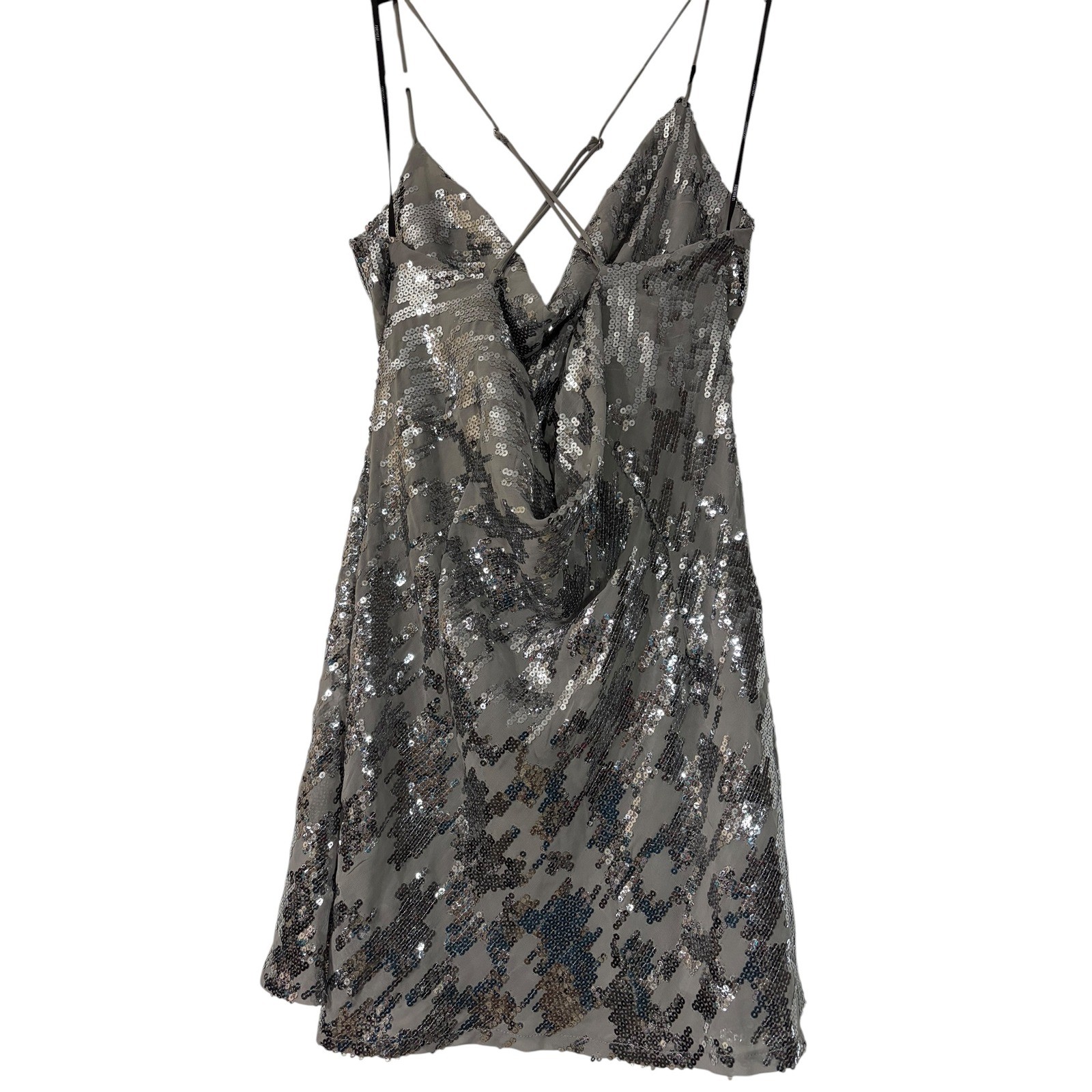 Womens Silver Mini Dress| L| Forever 21 Sequin Cowl Neck Strappy Back Nightcore
