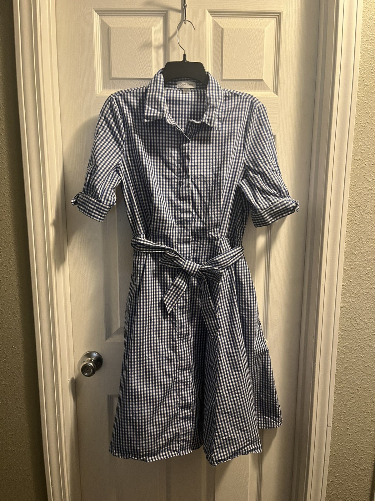 Women’s Calvin Klein Gingham Check Belted Button-down Bow Sleeves Size 10 Dress.