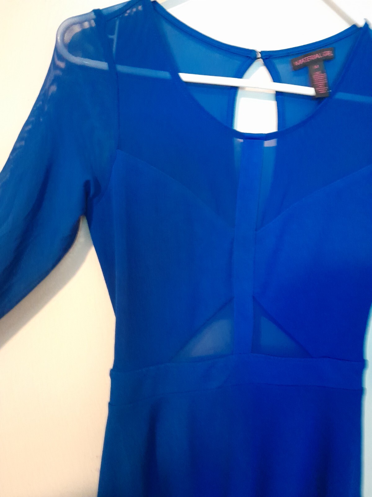 COBALT BLUE MATERIAL GIRL SHEER FABRIC CUTOUTS ON VIBRANT BLUE DRESS SZ MEDIUM