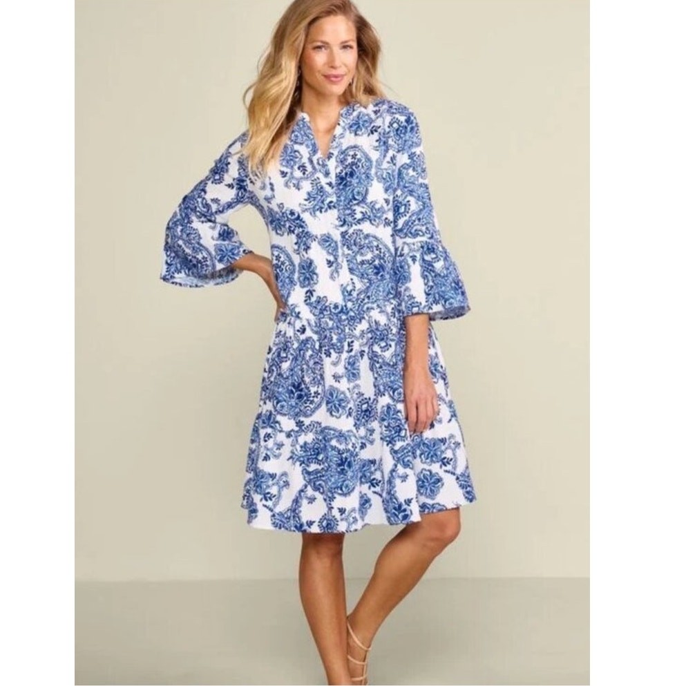 Soft Surroundings Karis Cotton Gauze Lagenlook Blue & White Cottagecore Dress