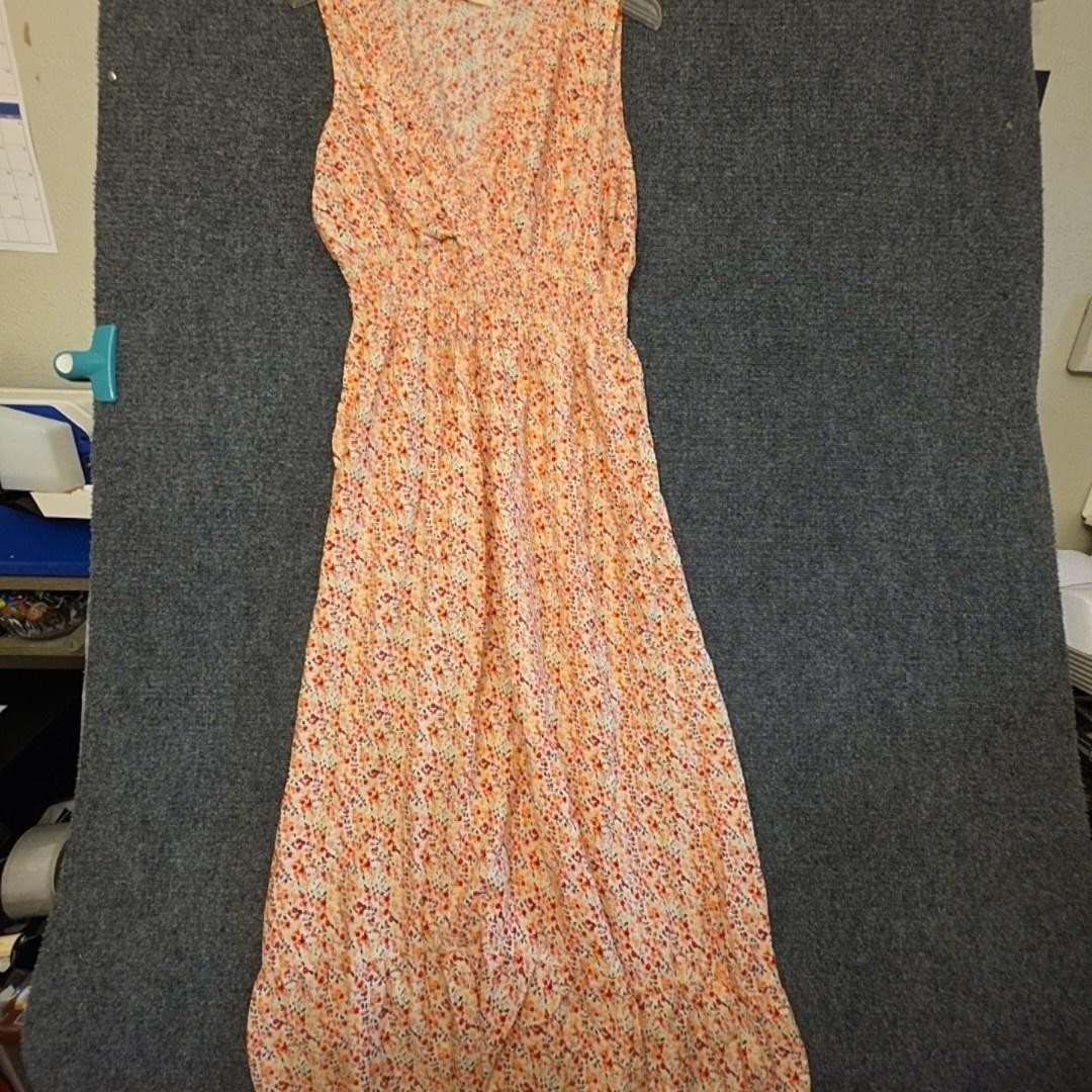 Seven Islands Dress Womens L Orange Floral V Neck Sleeveless Ruffle Hem Rayon