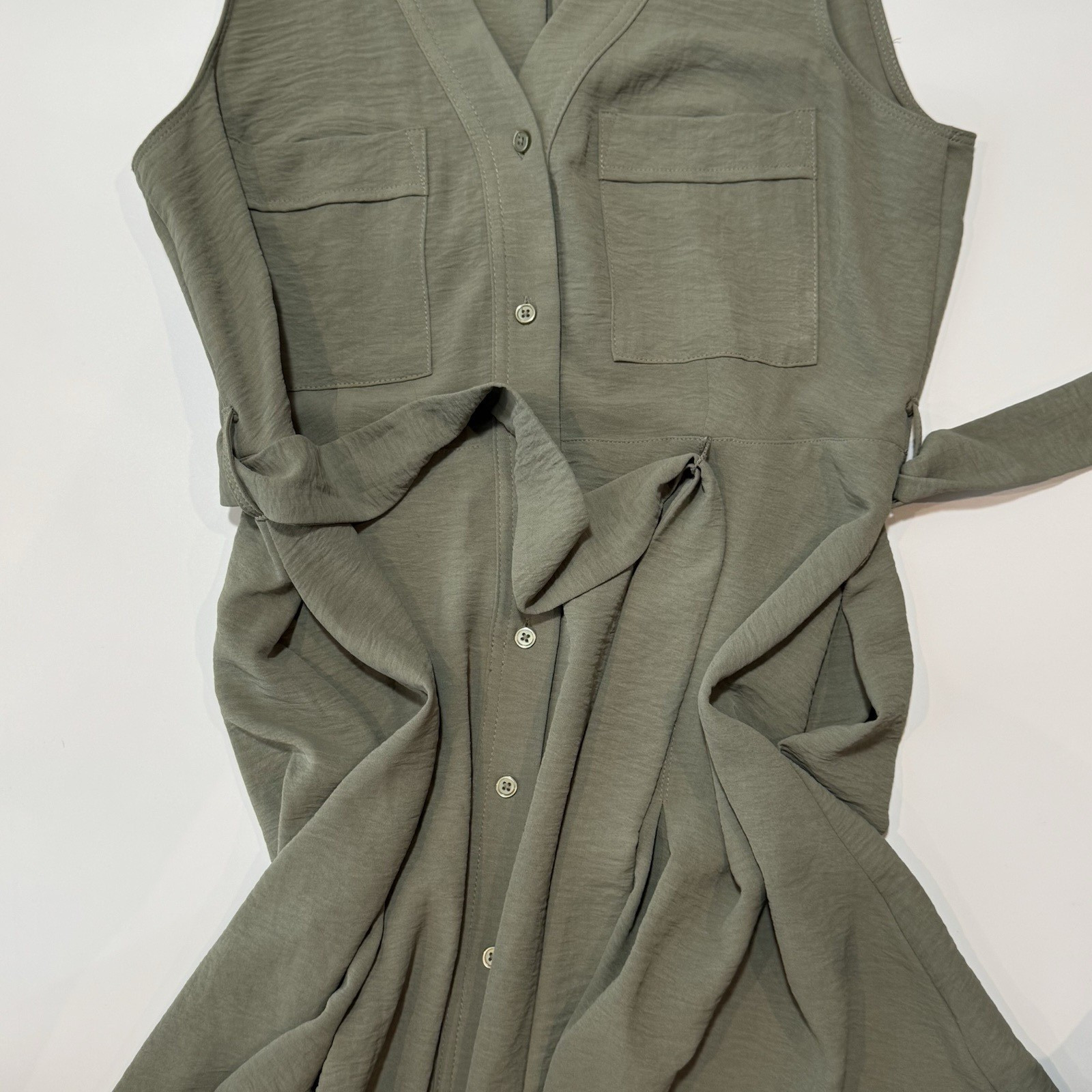 DKNY Sleeveless Button Front Belted Dress Pockets Olive Green Women’s 12 Utility
