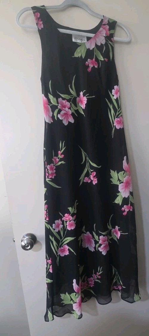 Vtg Studio 1 One Fairy Sheer Tank Maxi Dress Jacket 2pc Blk Pink Floral Sz 10