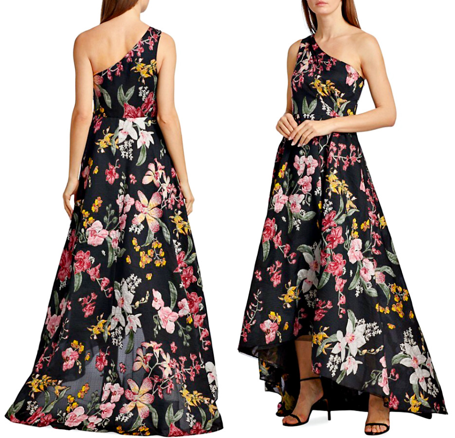 Marchesa Notte One-Shoulder Floral Jacquard Pleated High-Low Gown sz 4 $895