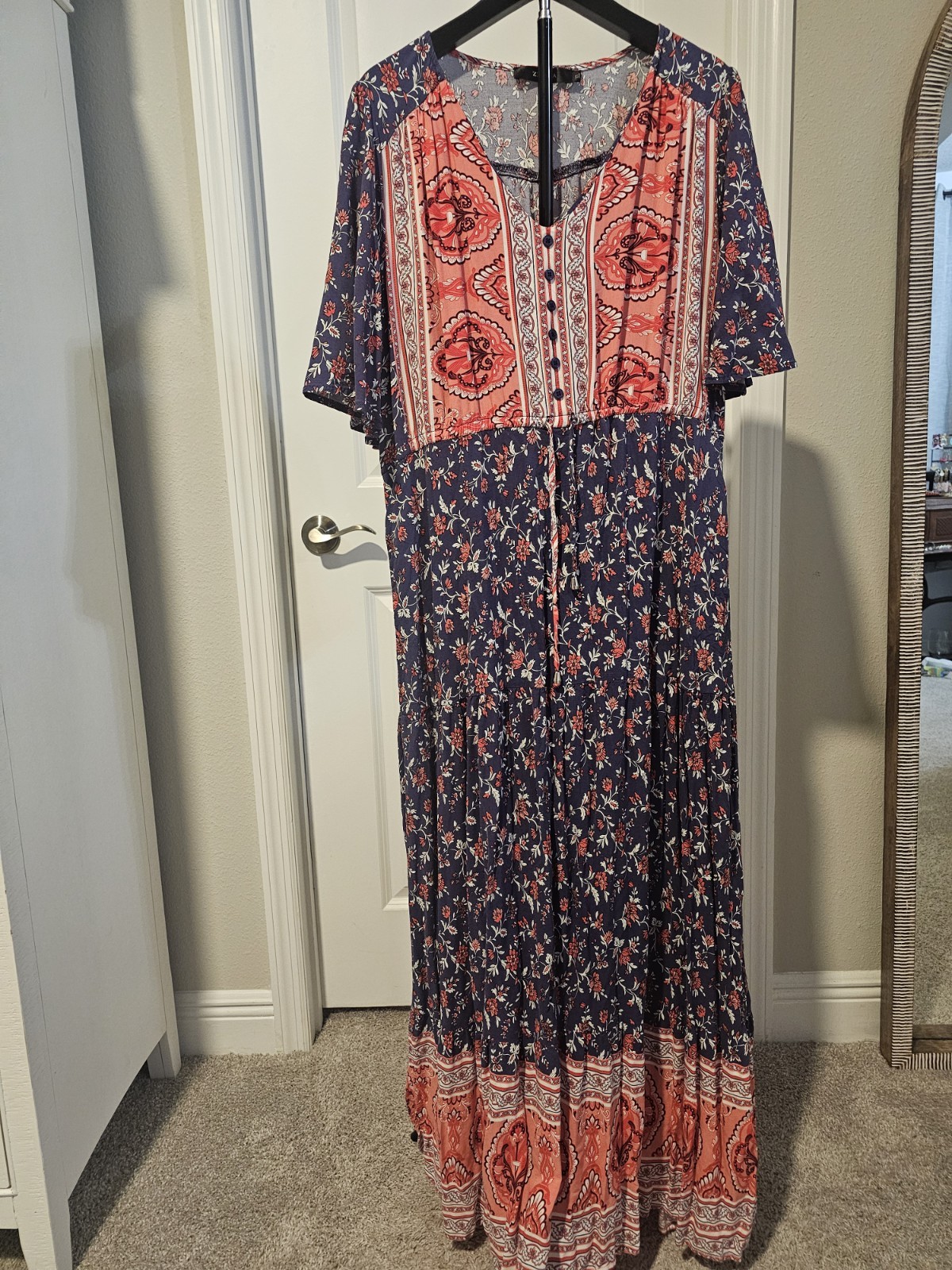 ZESICA Women’s Blue/Orange Floral Maxi Dress V-Neck Short Sleeve Button XL