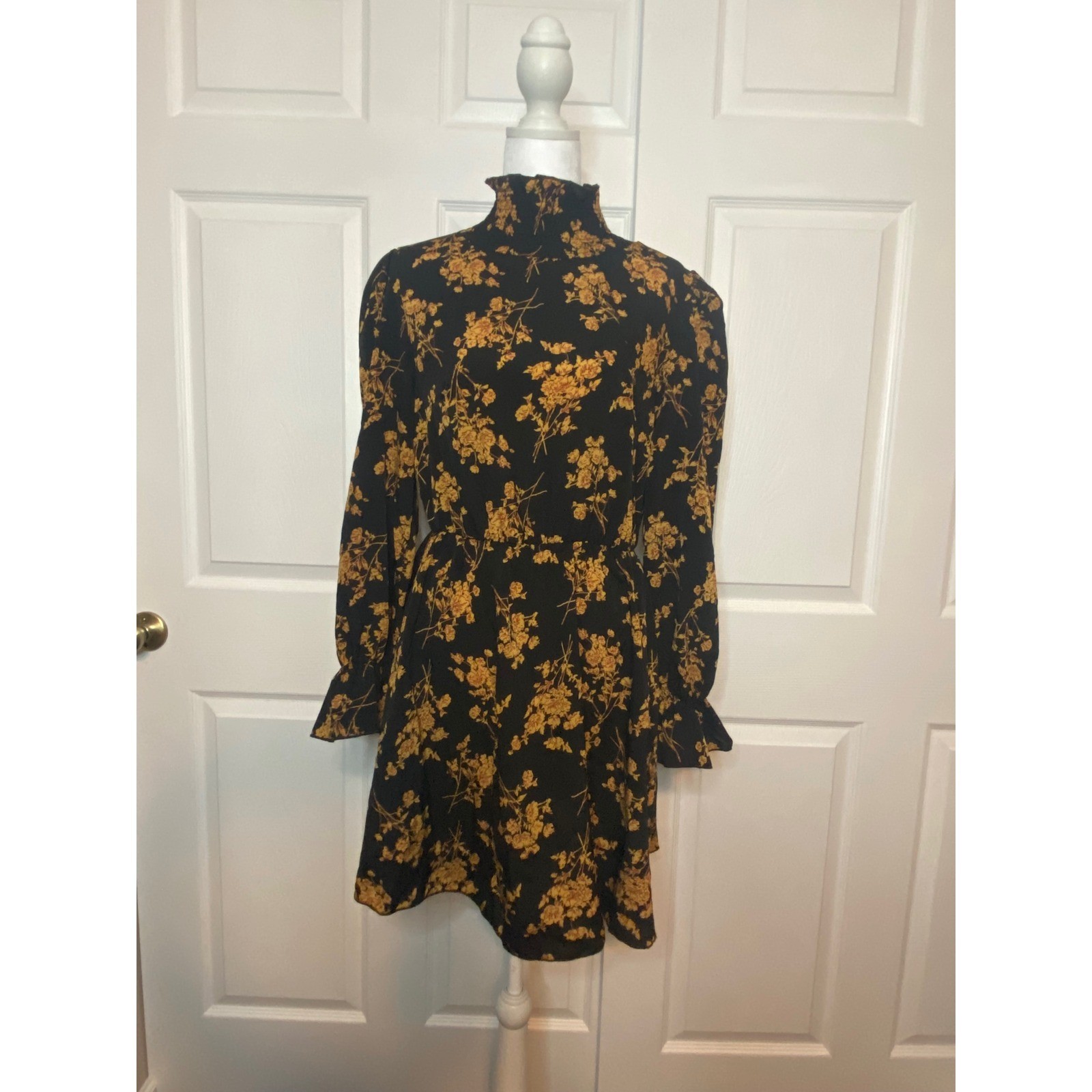 SHEIN Black Yellow Floral Smocked High Neck Long Sleeve Mini Dress Size 6