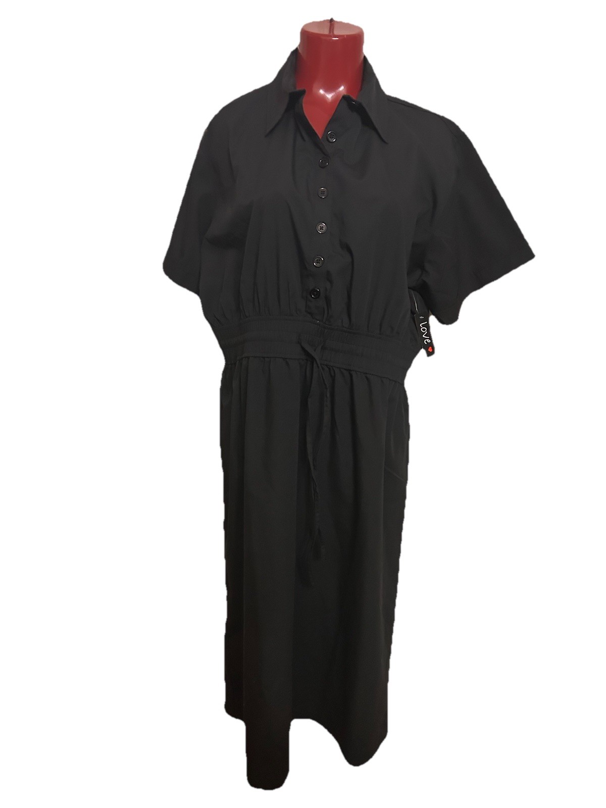 LOVE MIDI BLACK DRESS BUTTON CINCH ELASTIC WAIST DRAWSTRING- PLUS SIZE 2X