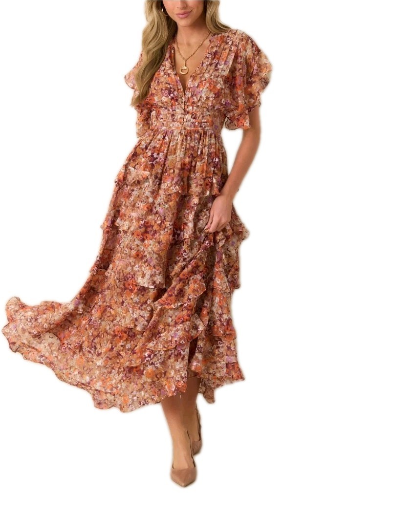 STORIA Bloom To Bloom Terracota Multi Floral Print Ruffle Maxi Dress Size SMALL