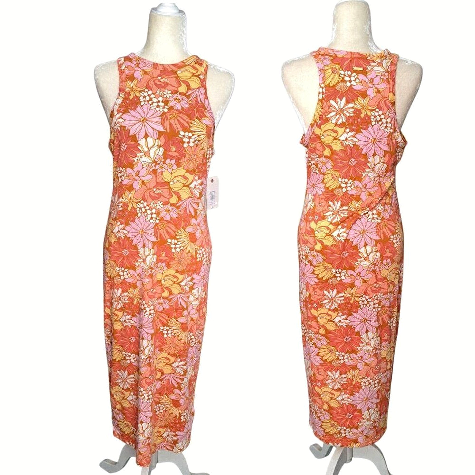 Billabong Women’s Orange Floral Multi Tank Midi Dress Sleeveless Vacation Sz XL