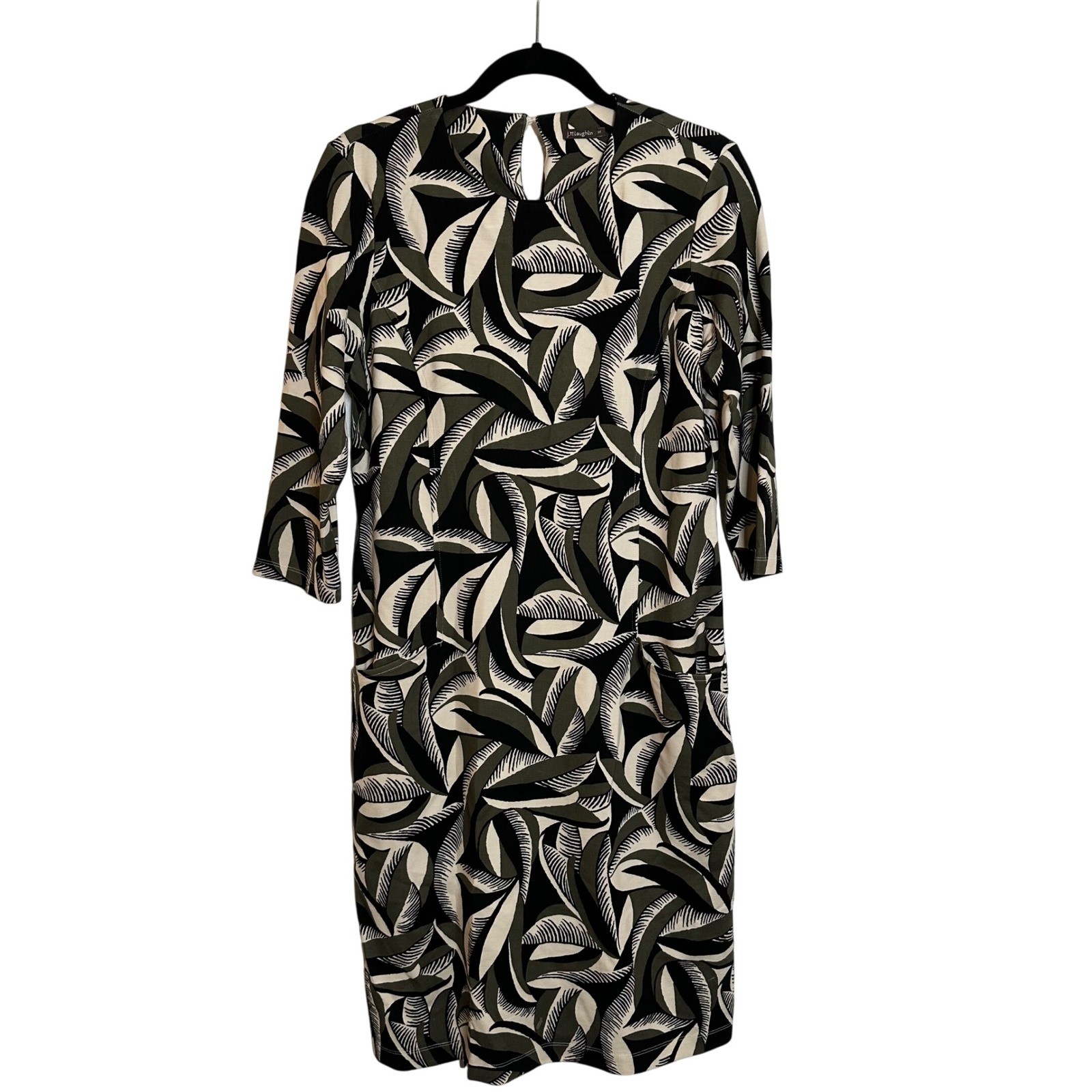 J.McLaughlin Knit Dress Size M Olive Green Black Ivory Leaf Print 3/4 Sleeve