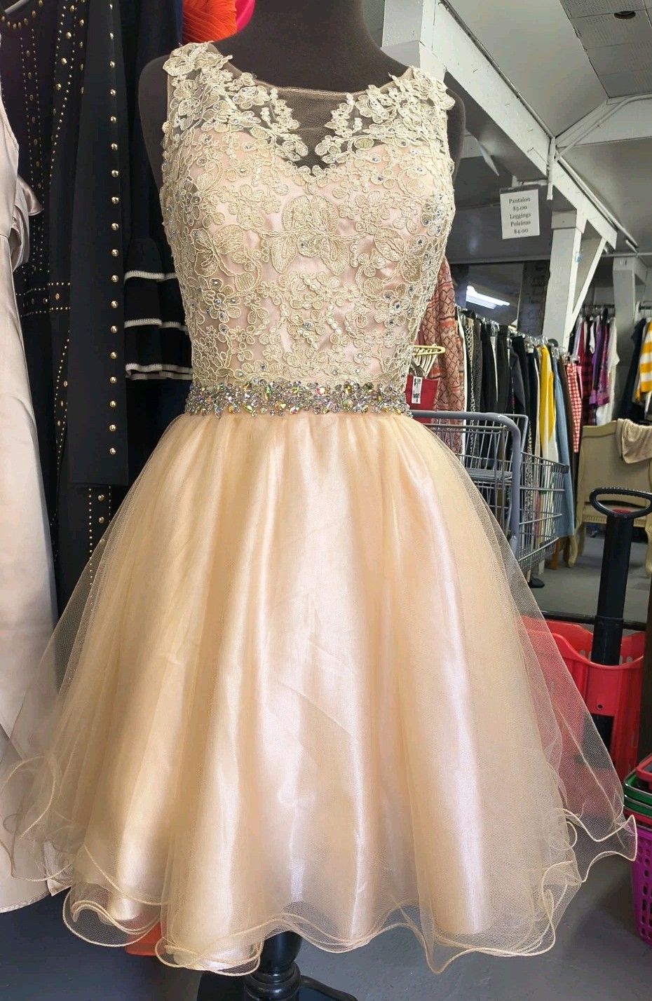 Champagne Lace Tulle Beaded Sequin Fit & Flare Sweetheart Knee Dress M
