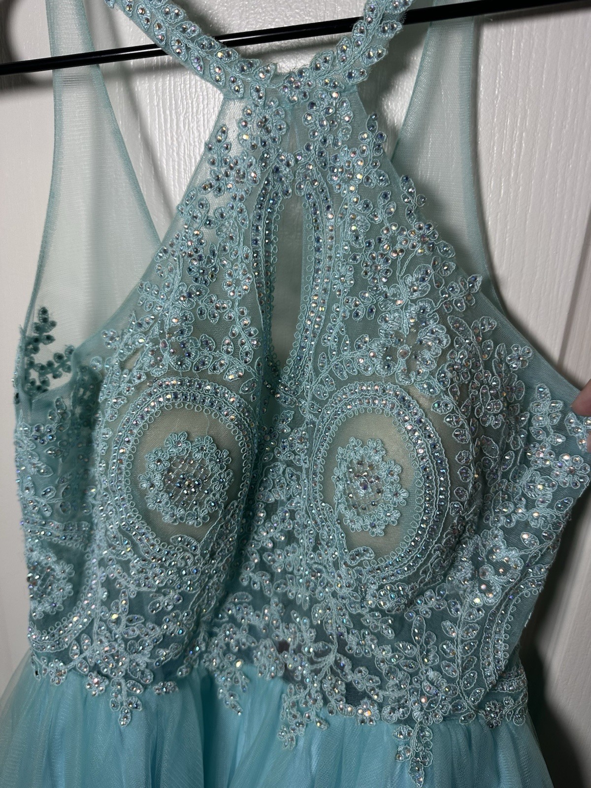 Dancing Queen Aqua Blue Beaded Halter Dress Short XL Prom Homecoming Formal
