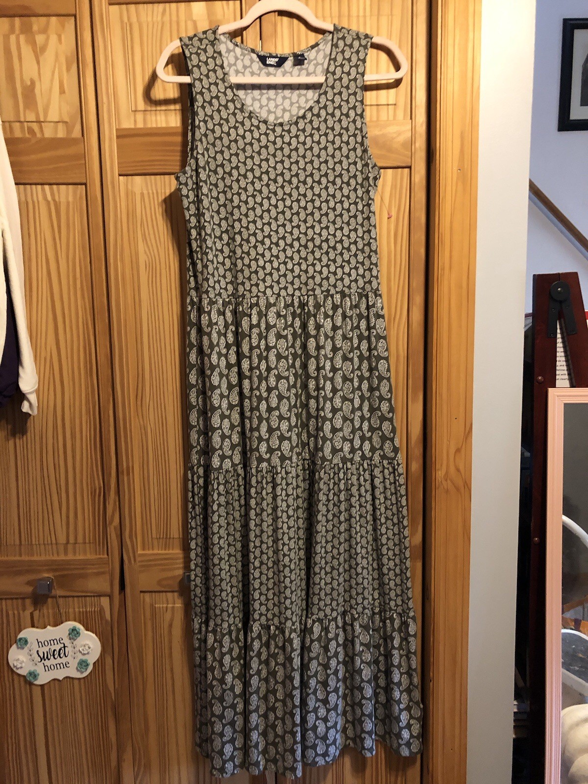 Lands End Womens Boho Retro Paisley Tiered Maxi Dress, Green/White Sz Small 6-8