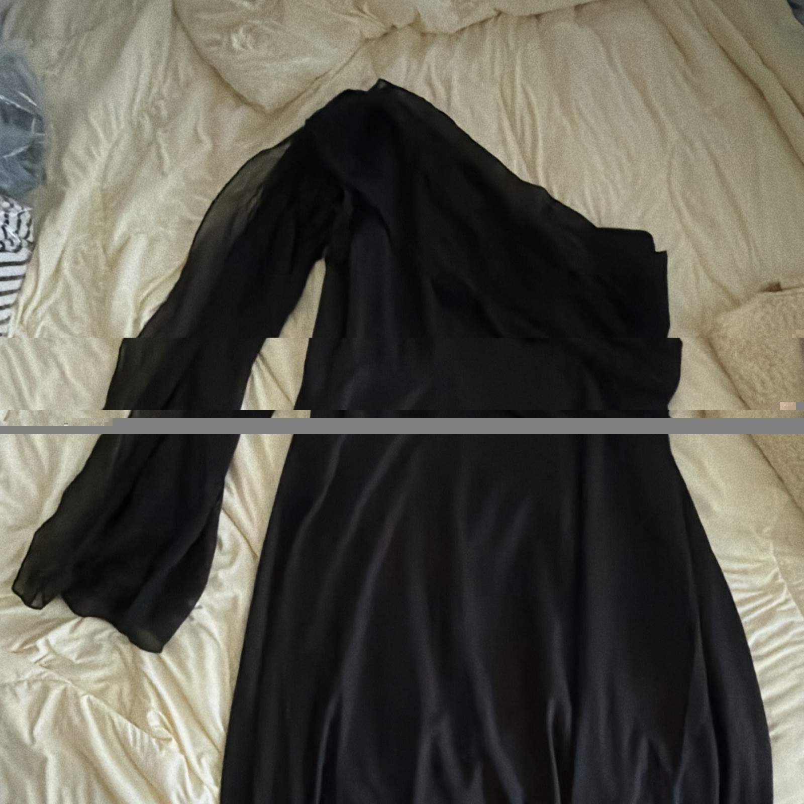 Women’s Black Solid One Shoulder Long Dress, Long Sleeve Sheer Feature Regular