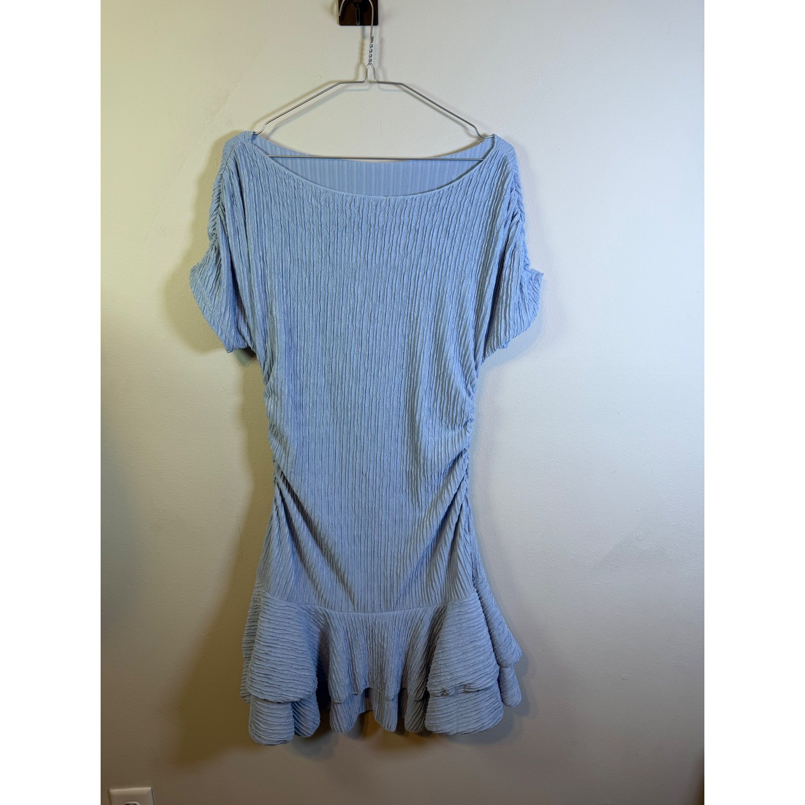 Unbranded Womens Mini Dress Textured Plisse Ruched Ruffle Light Blue Size M