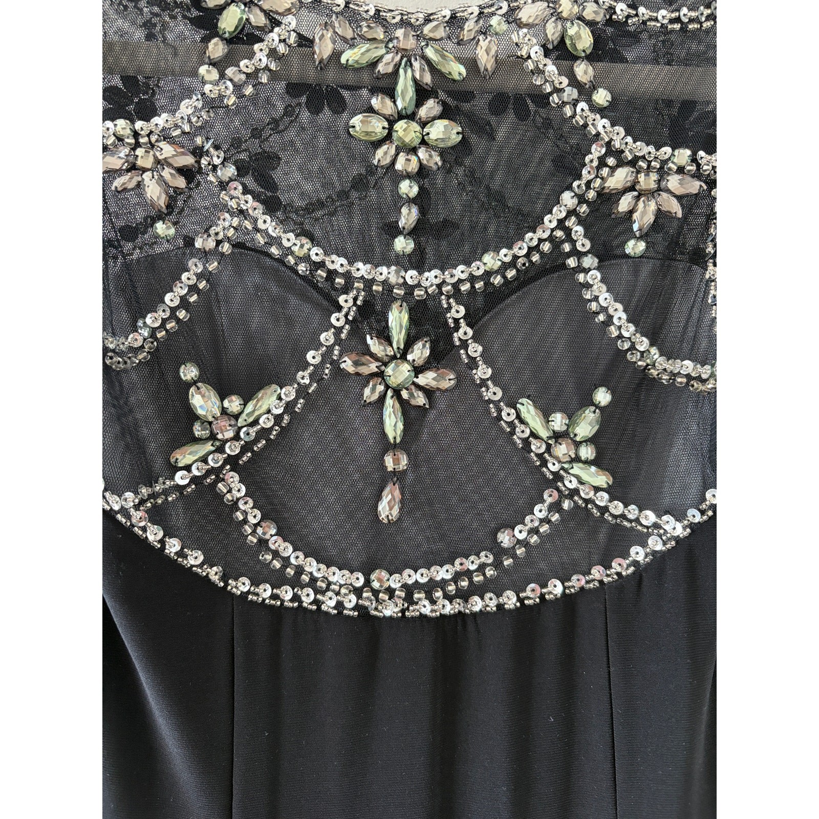 Rhinestone Beads Sequin Evening Gown Sz 2 Whimsigoth Black Tie Illusion Neckline