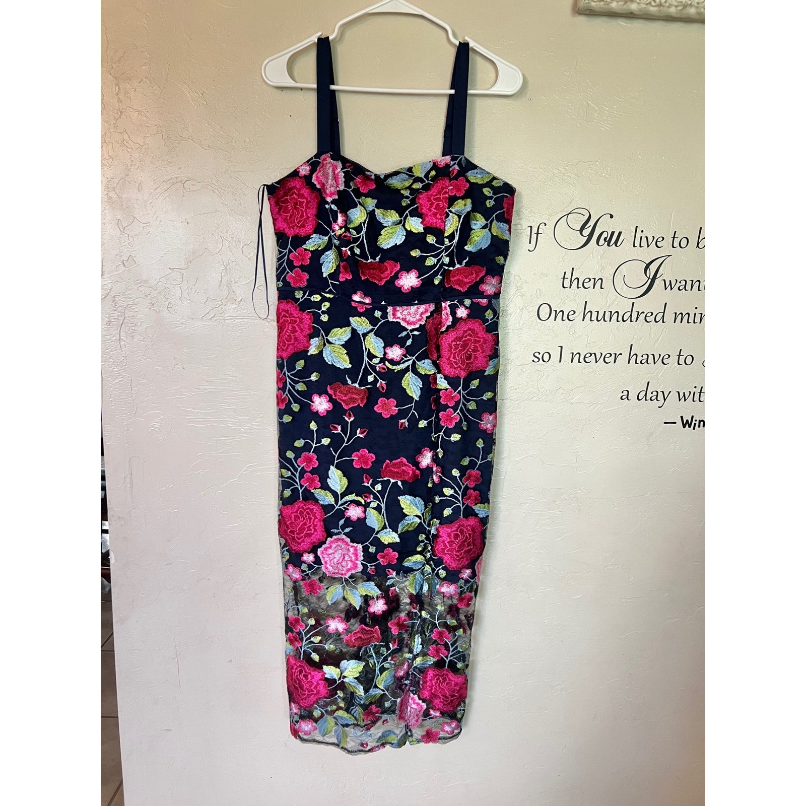 Sam Edelman Peony Embroidery Midi Dress Navy Floral Lace Slit Women 10 Whimsical