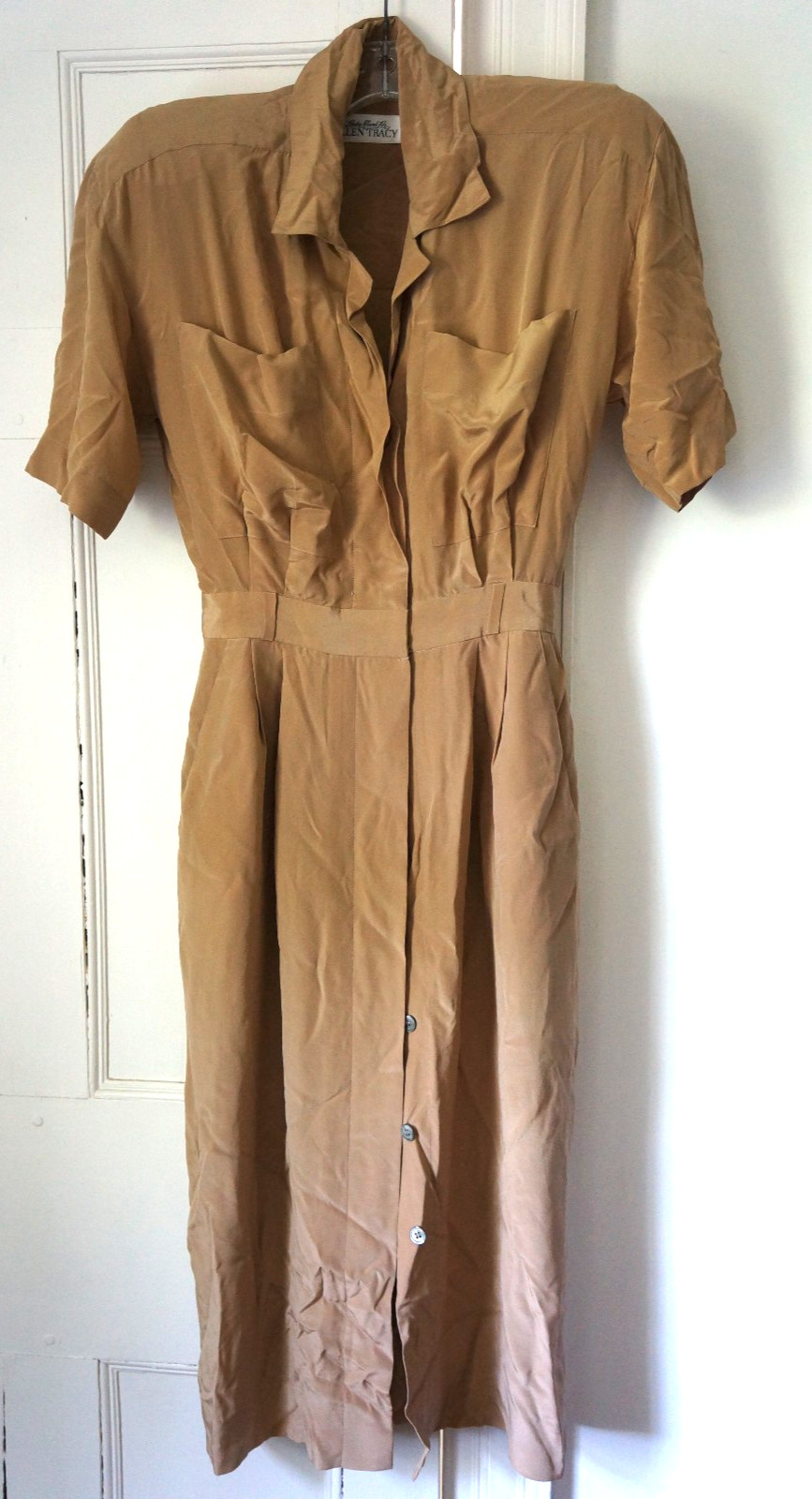 Llinda Allard Ellen Tracy Stunning 1980s Silk Shirtdress Shoulder pads Khaki Sz4