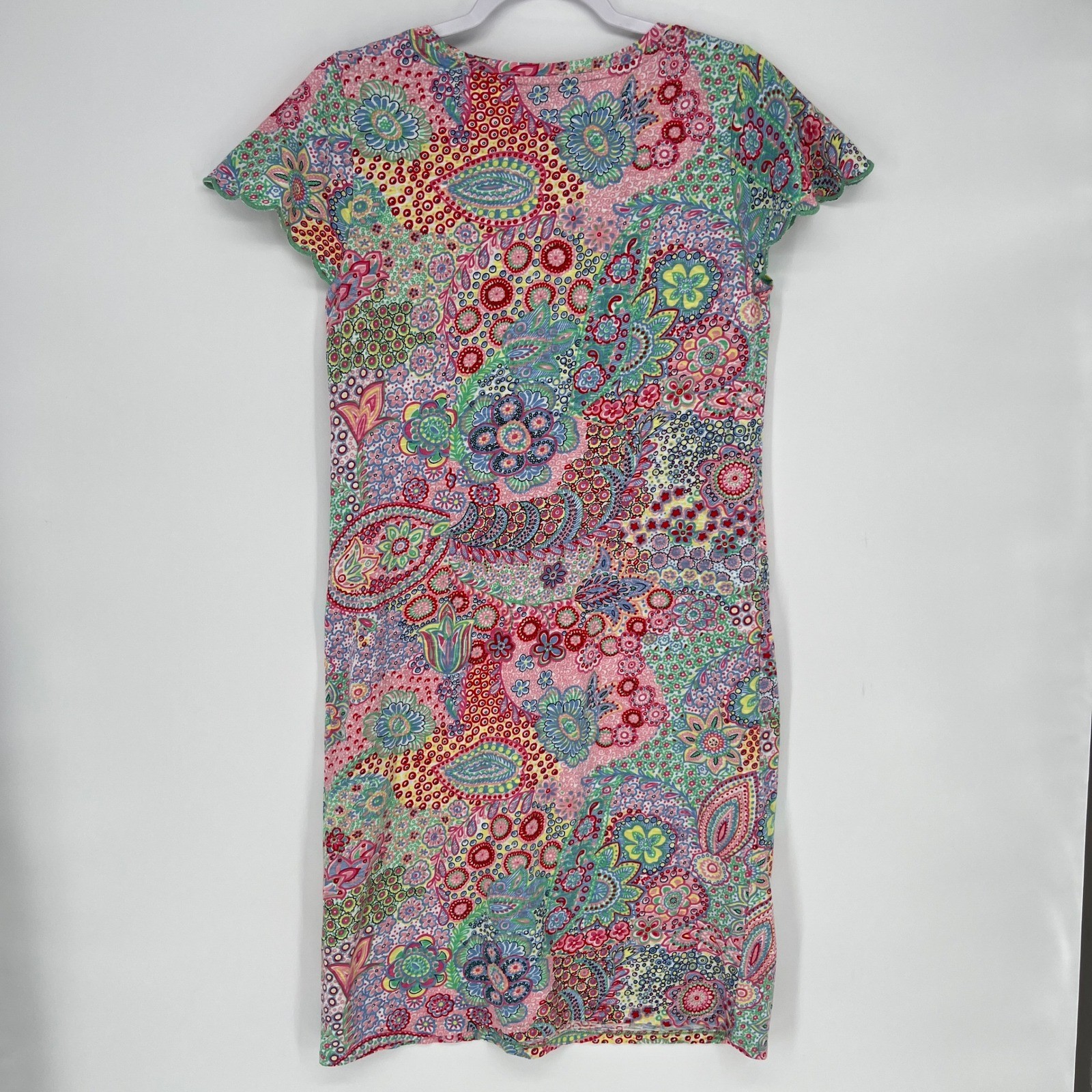 Talbots Paisley Floral Patchwork Boho Shift Dress Pink Cottagecore Scalloped S