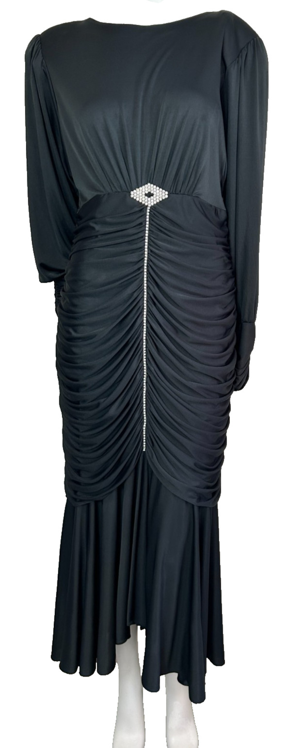 80s Claralura Original Formal Dress Size Medium Black Rhinestone Ruched LS VNeck
