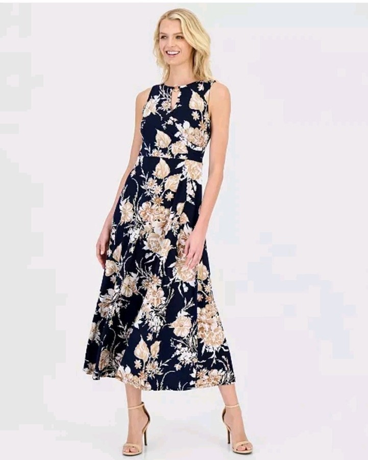 NWT Sandra Darren Floral Midi Dress XL Navy Beige Sleeveless Faux Wrap A-line