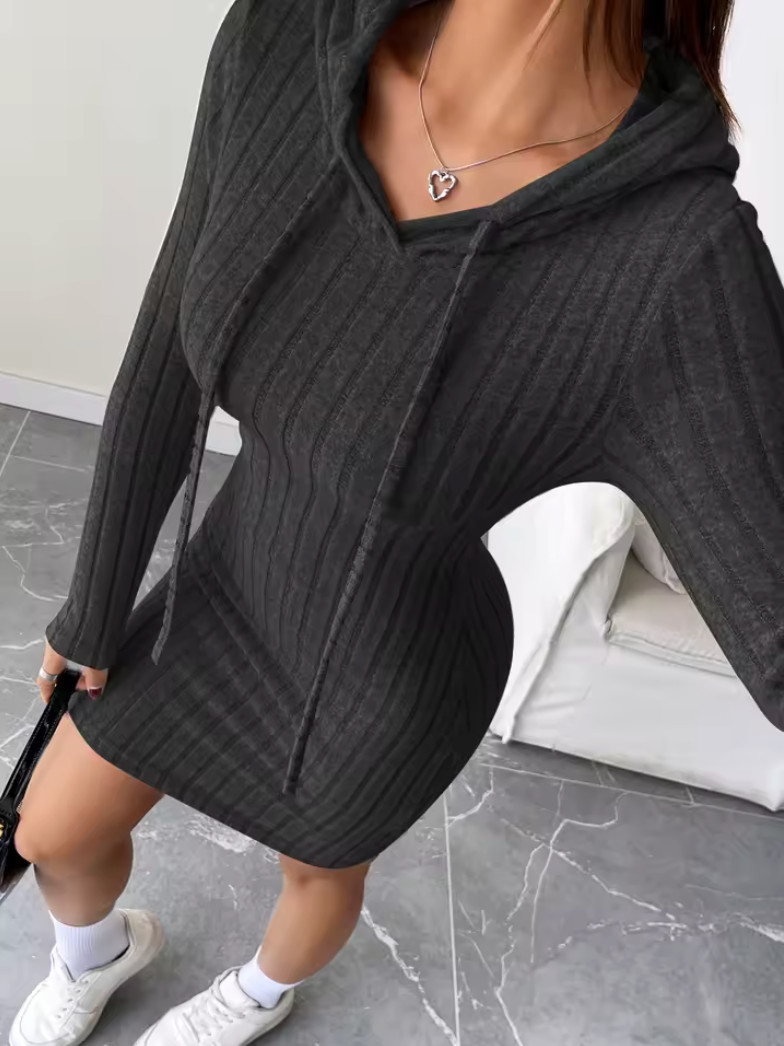 Women’s Ribbed Knit Hooded Mini Dress Drawstring Bodycon Slim Fit Y2K Fall