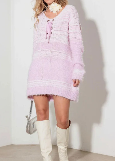 Relax Fit Mixed-Stitch Front Tie Tunic Sweater Dress THINKABLE