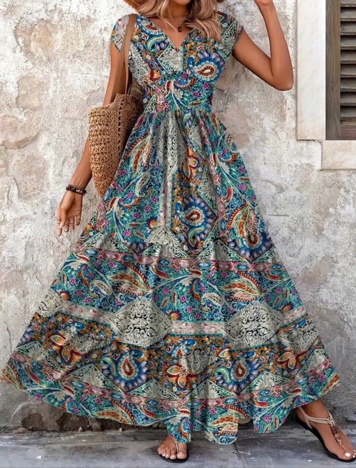 New XXL US Size 14 Floral Maxi Dress Short Sleeve V-Neck Free Ship