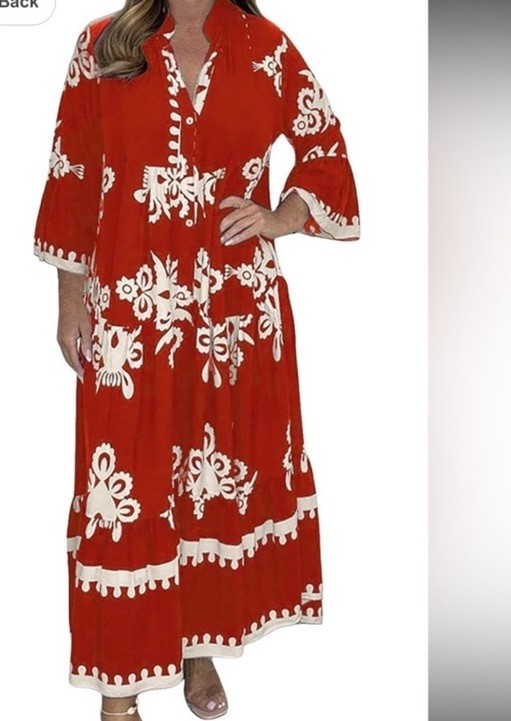 NWT Red/White Floral Maxi Dress V-Neck Button 3/4 Bell Sleeve Women size 3x