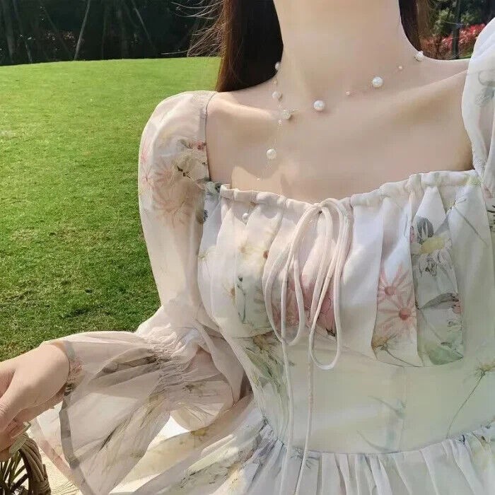Womens Elegant Square Neck Long Sleeves Slim Fashion Floral Print Chiffon Dress