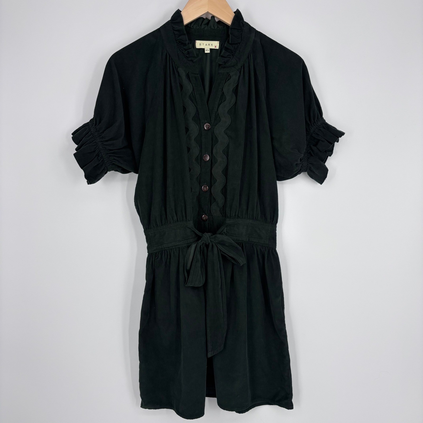 STARK X Abbey Mini Dress Womens XS Green Corduroy Ruffle Puff Sleeve Boho